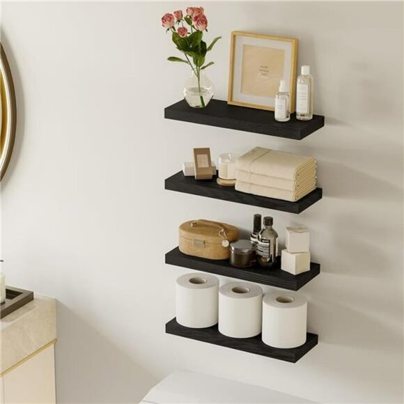 Fixwal Floating Wall Shelves Set of 4 Black Wood Storage for Home Decor - Picture 2 of 7